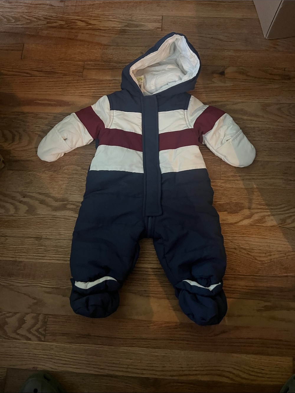 First Impressions Navy, White & Burgundy Hooded Snowsuit One-Piece